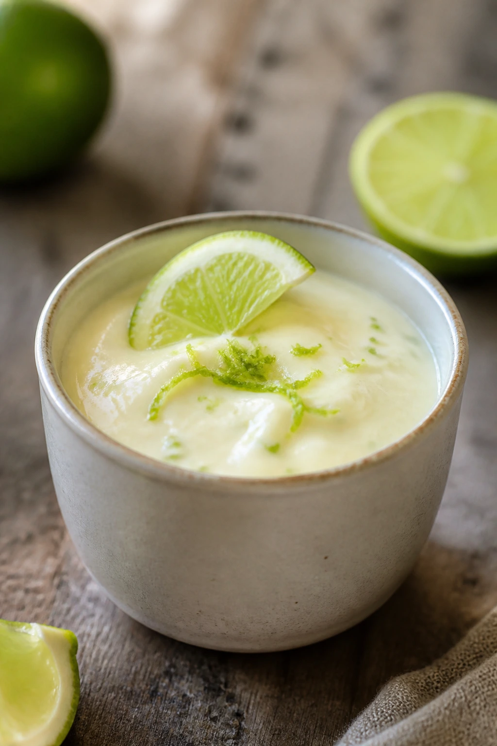 Single coconut lime pudding cup on a rustic kitchen counter
