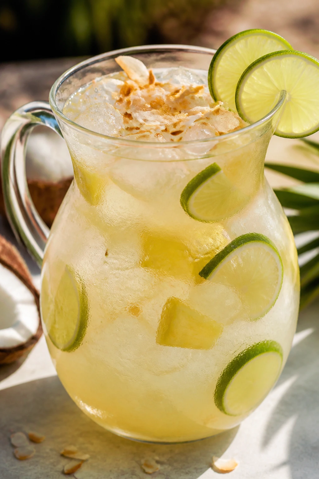 Close-up of Coconut Lime Punch in a pitcher with lime wheels and toasted coconut on a sunlit patio