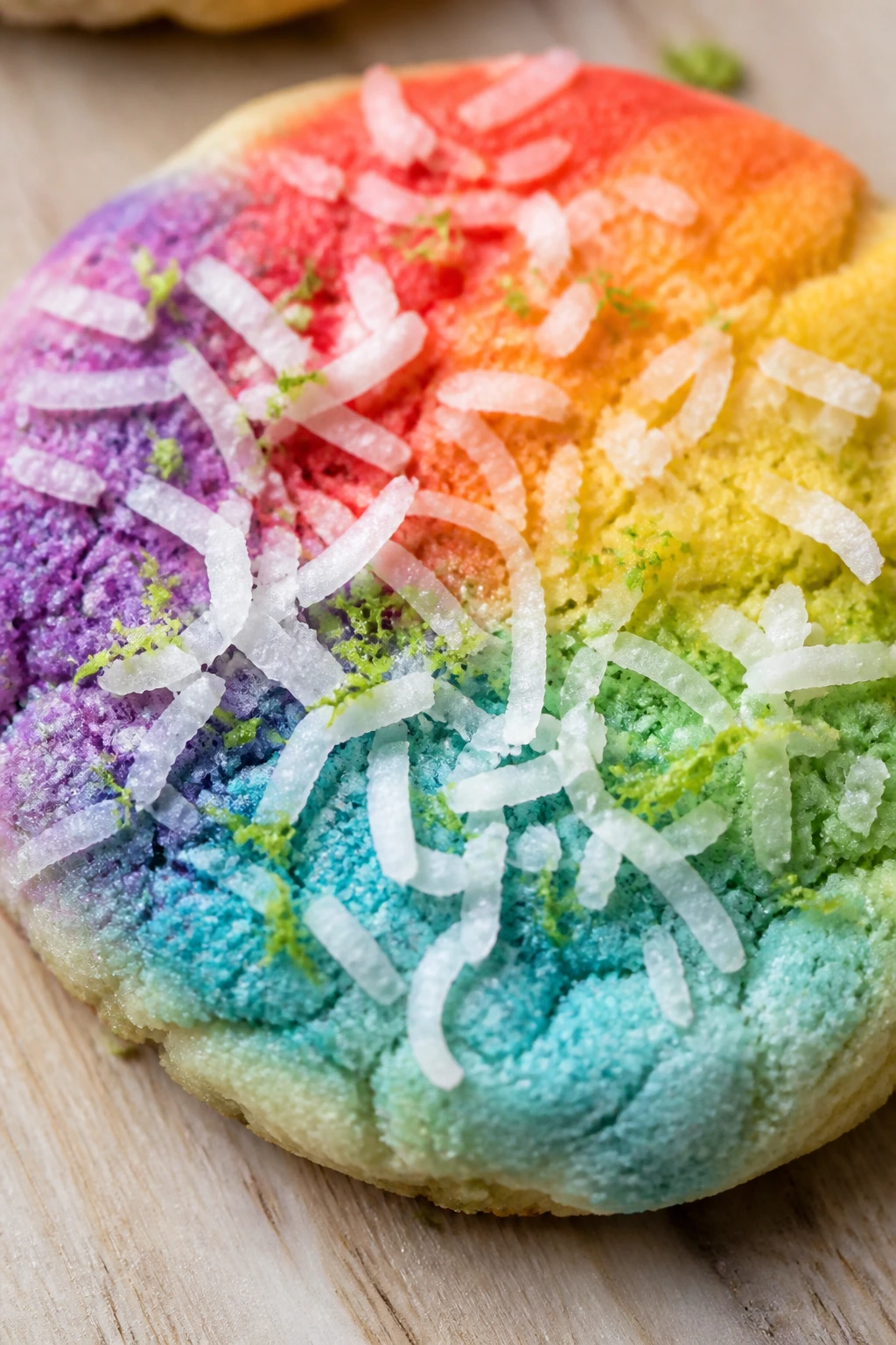 Close-up of coconut lime rainbow cookie with coconut flakes and lime zest