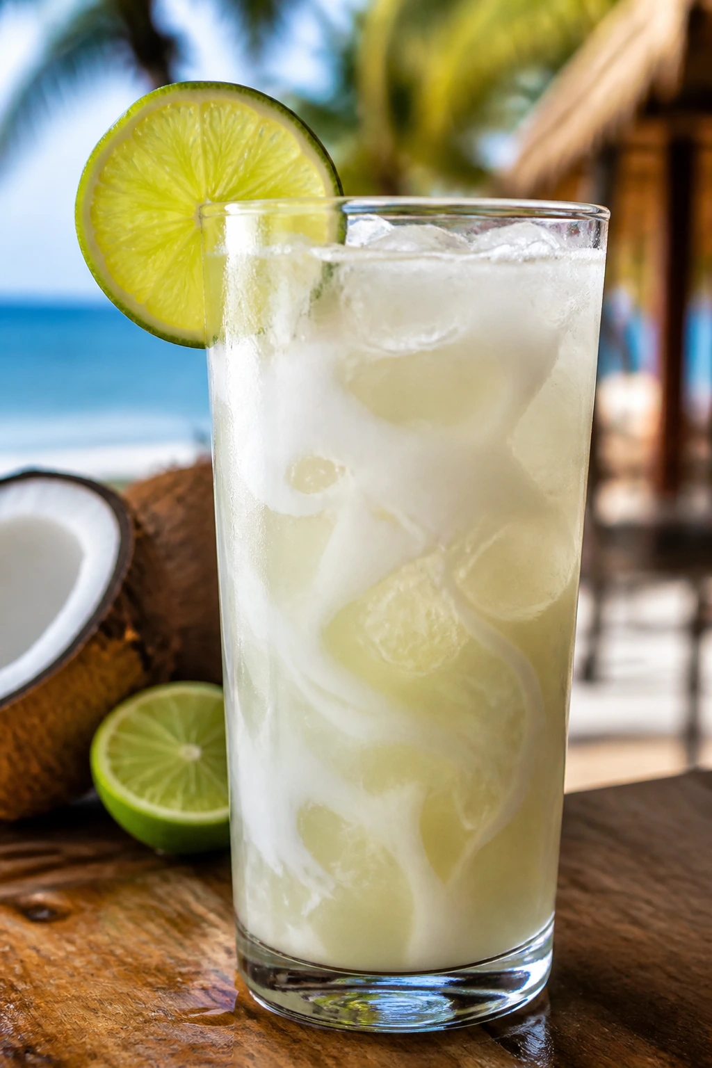Coconut Lime Rum Cooler in a highball glass with a lime wheel on a sunny beach bar