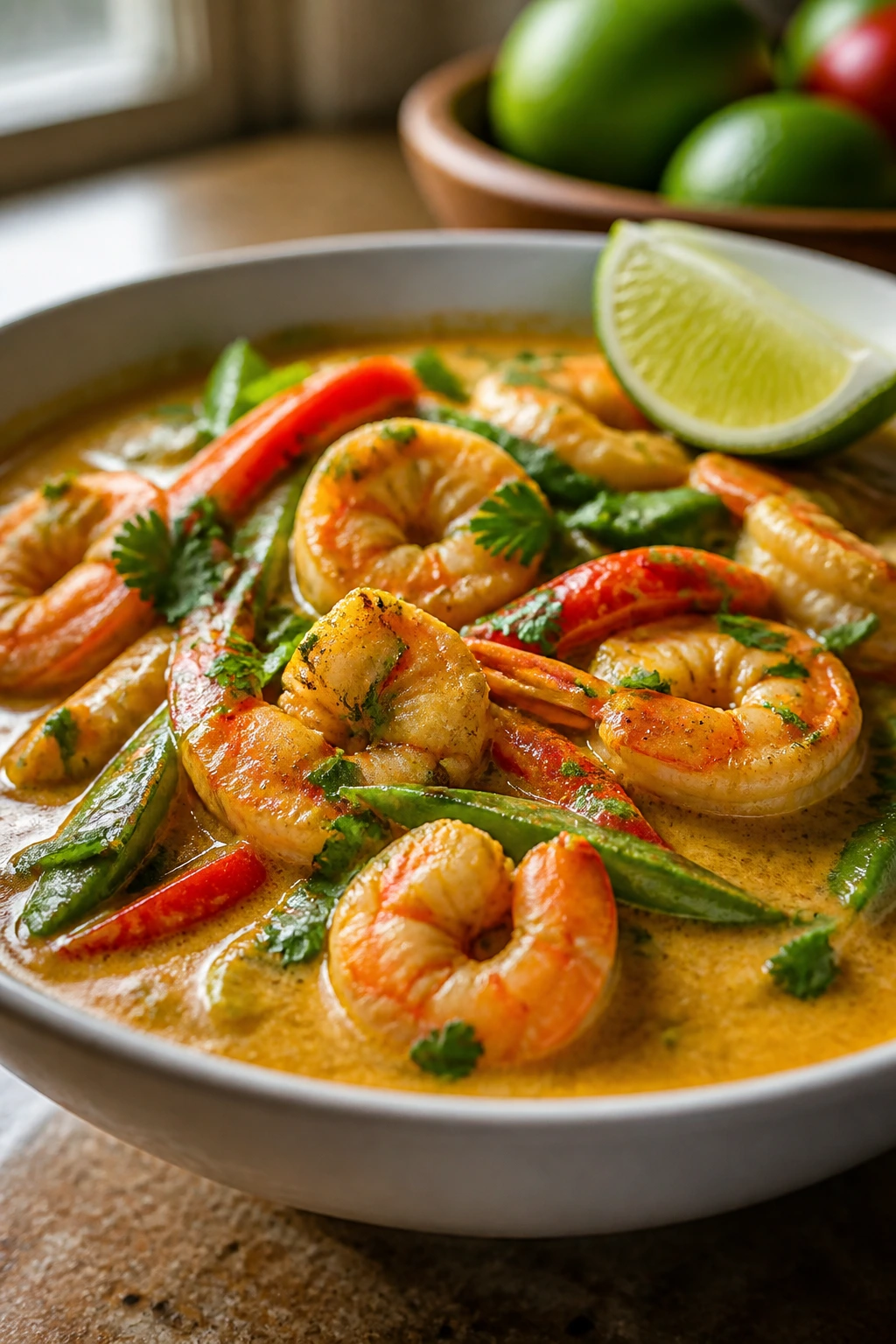 Close-up of coconut lime shrimp curry with shrimp and vegetables