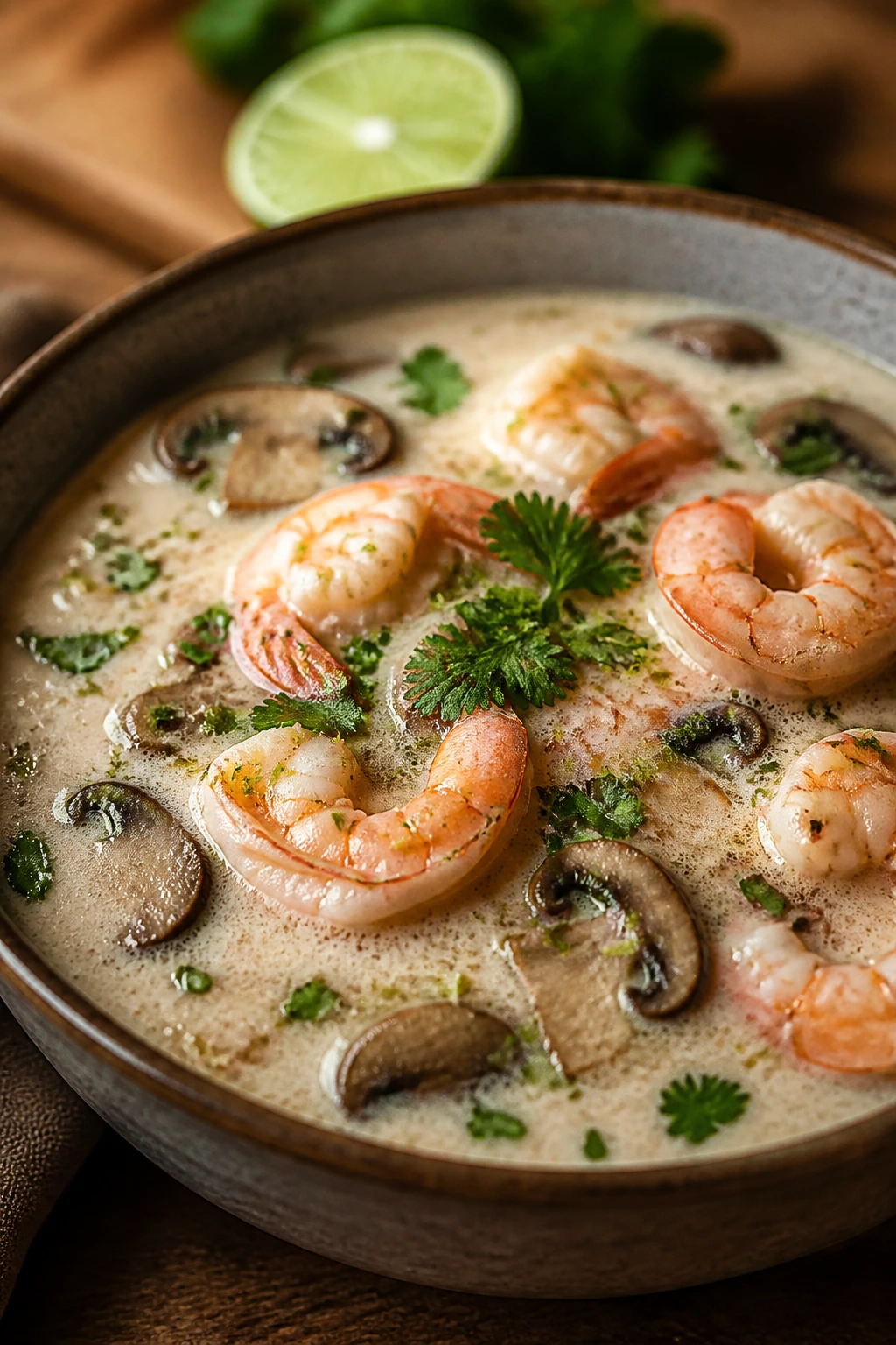 Creamy coconut lime shrimp soup with mushrooms and lime zest