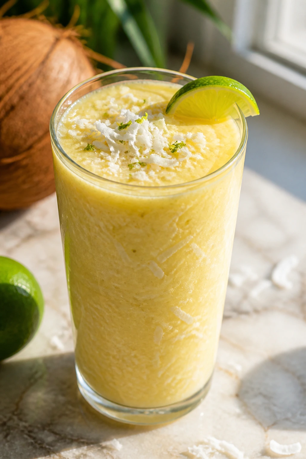 Close-up of Tropical Coconut Lime Smoothie in a glass with shredded coconut on a sunlit kitchen island