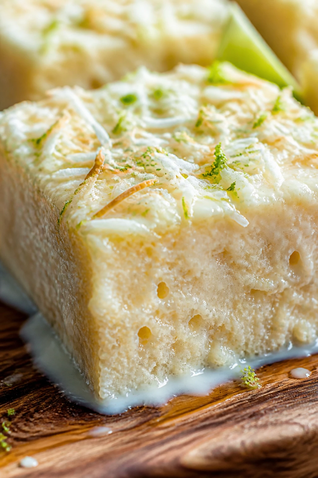 Close-up of coconut lime tres leches square with milk soak