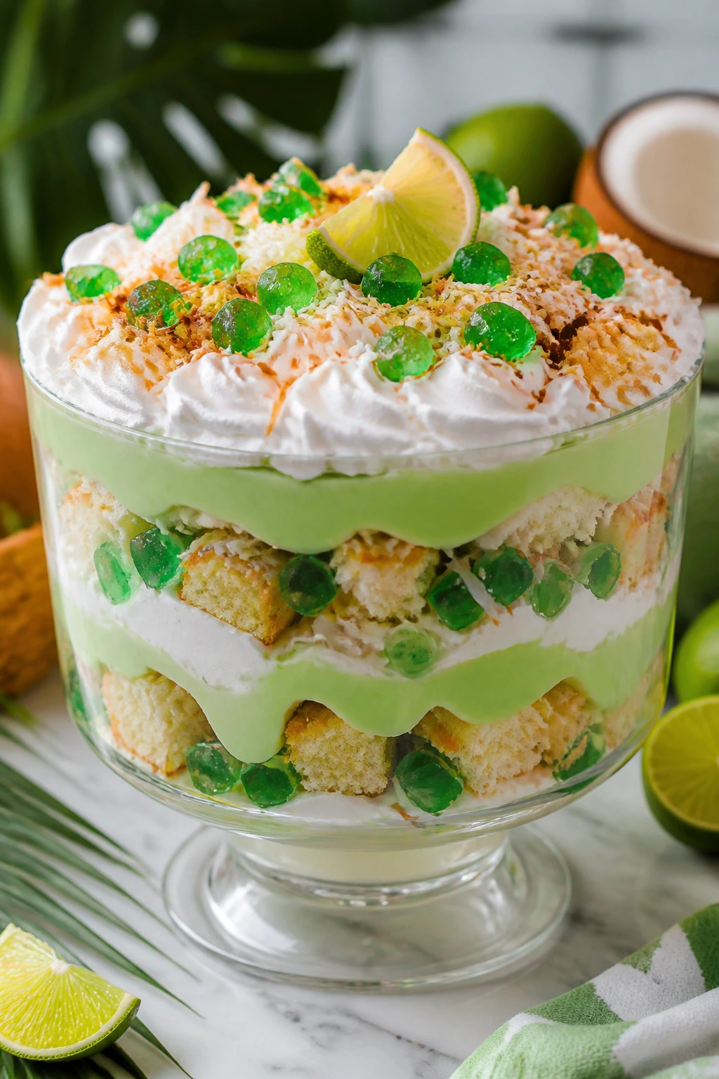 Close-up of Coconut Lime Witch's Brew Trifle with coconut cake and lime pudding in a glass bowl.