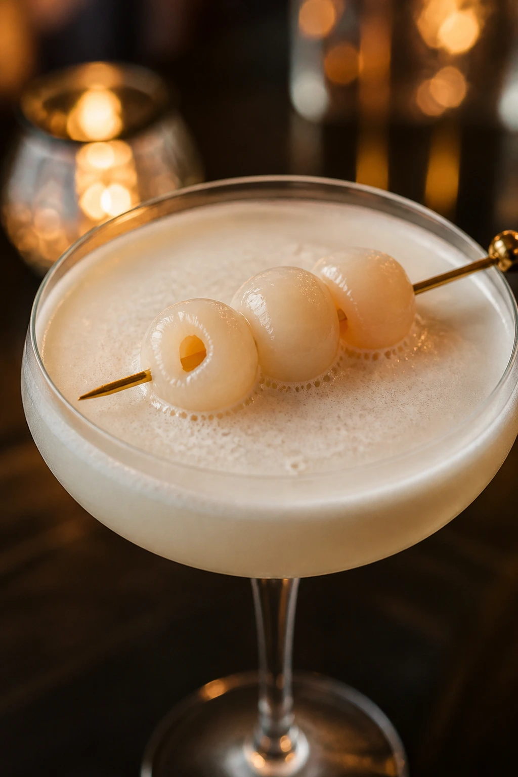 Coconut lychee martini in a coupe with lychee garnish