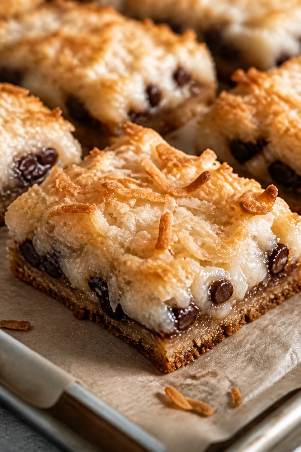 Coconut macaroon magic bar with toasted coconut