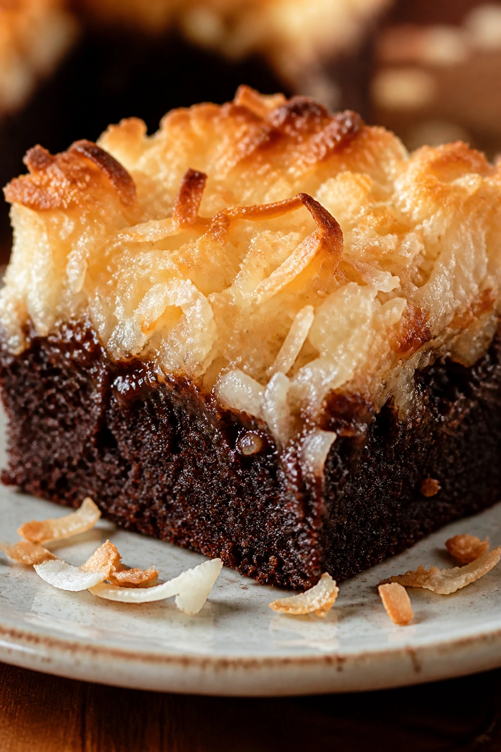 Close-up of Coconut Macaroon Brownies with toasted coconut topping