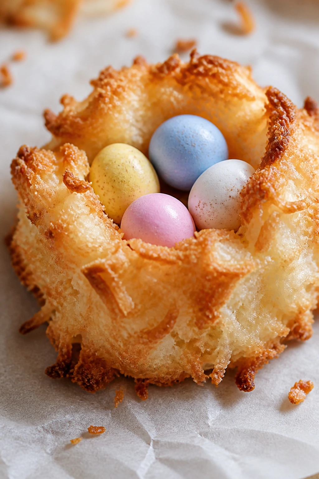 Coconut macaroon nest with candy eggs in the center