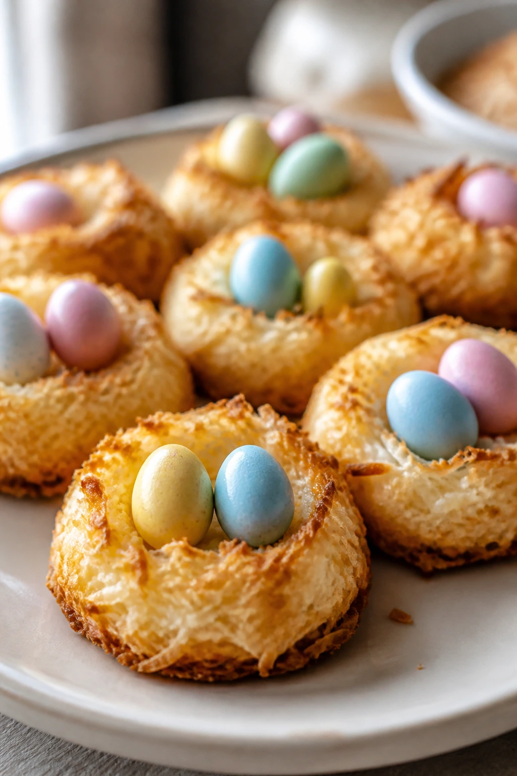 Coconut macaroon nests with candy eggs on plate