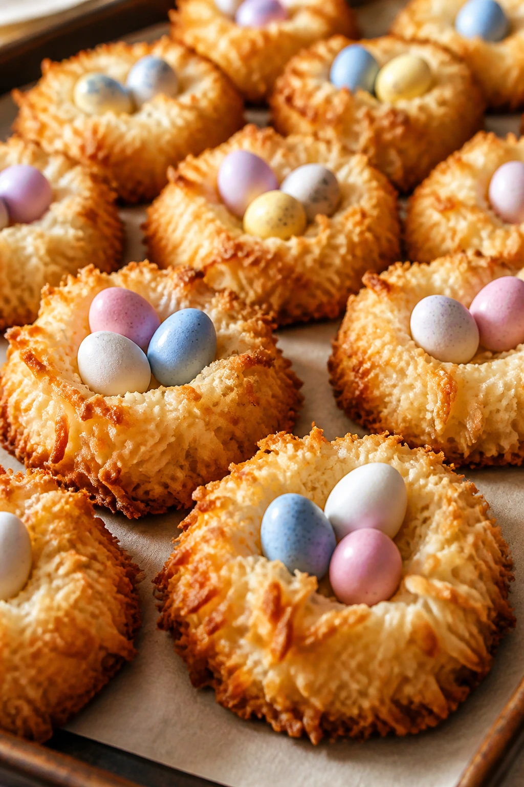 Toasted coconut macaroon nests with mini candy eggs on parchment.
