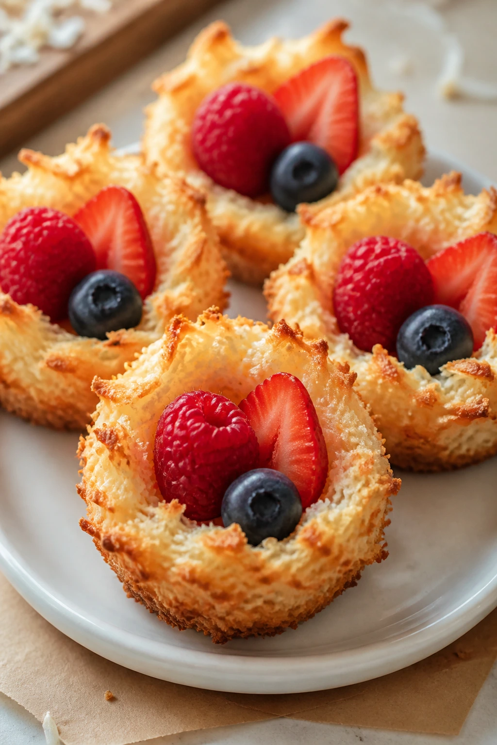 Close-up of coconut macaroon nests with berries centered in each nest