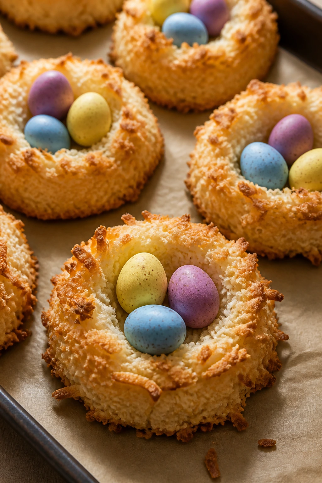 Close-up of coconut macaroon nests with mini chocolate eggs in a warm kitchen