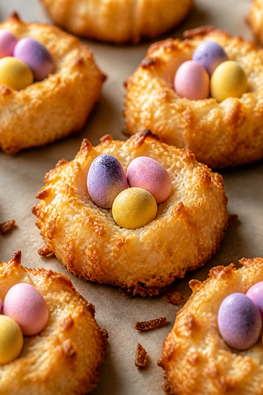 Close-up of coconut macaroon nests with candy eggs