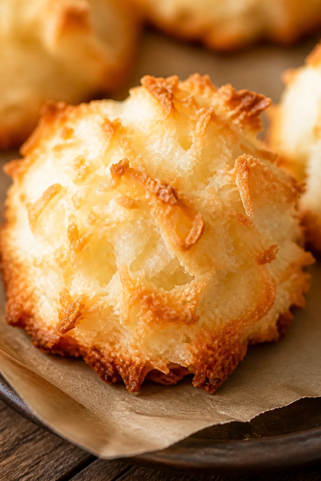 Close-up of a toasted coconut macaroon with golden edges