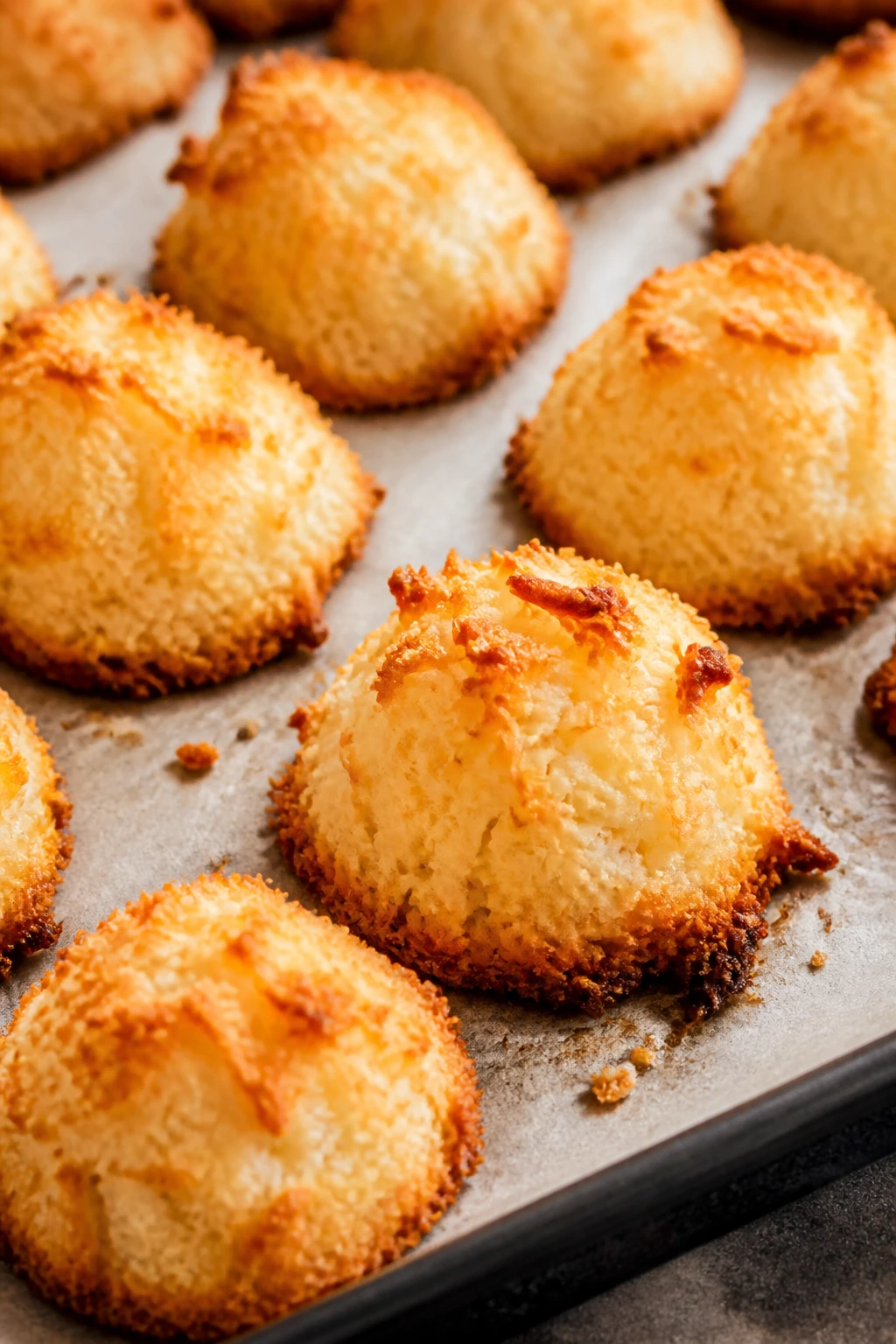 Toasted coconut macaroons on parchment-lined sheet