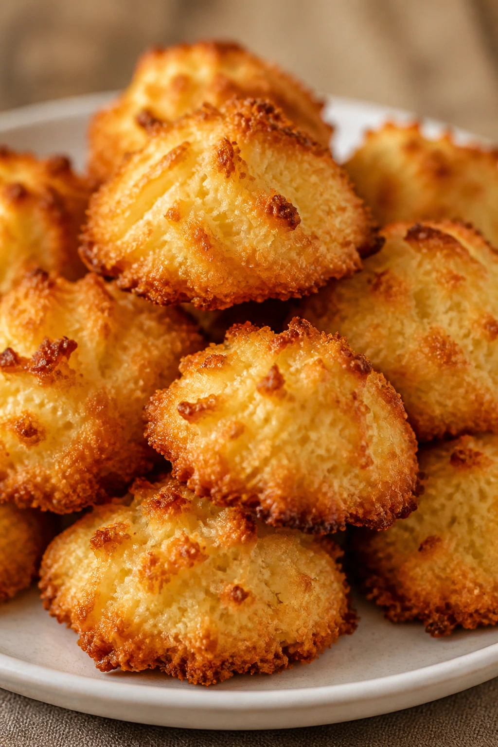 Close-up of golden coconut macaroons on a plate