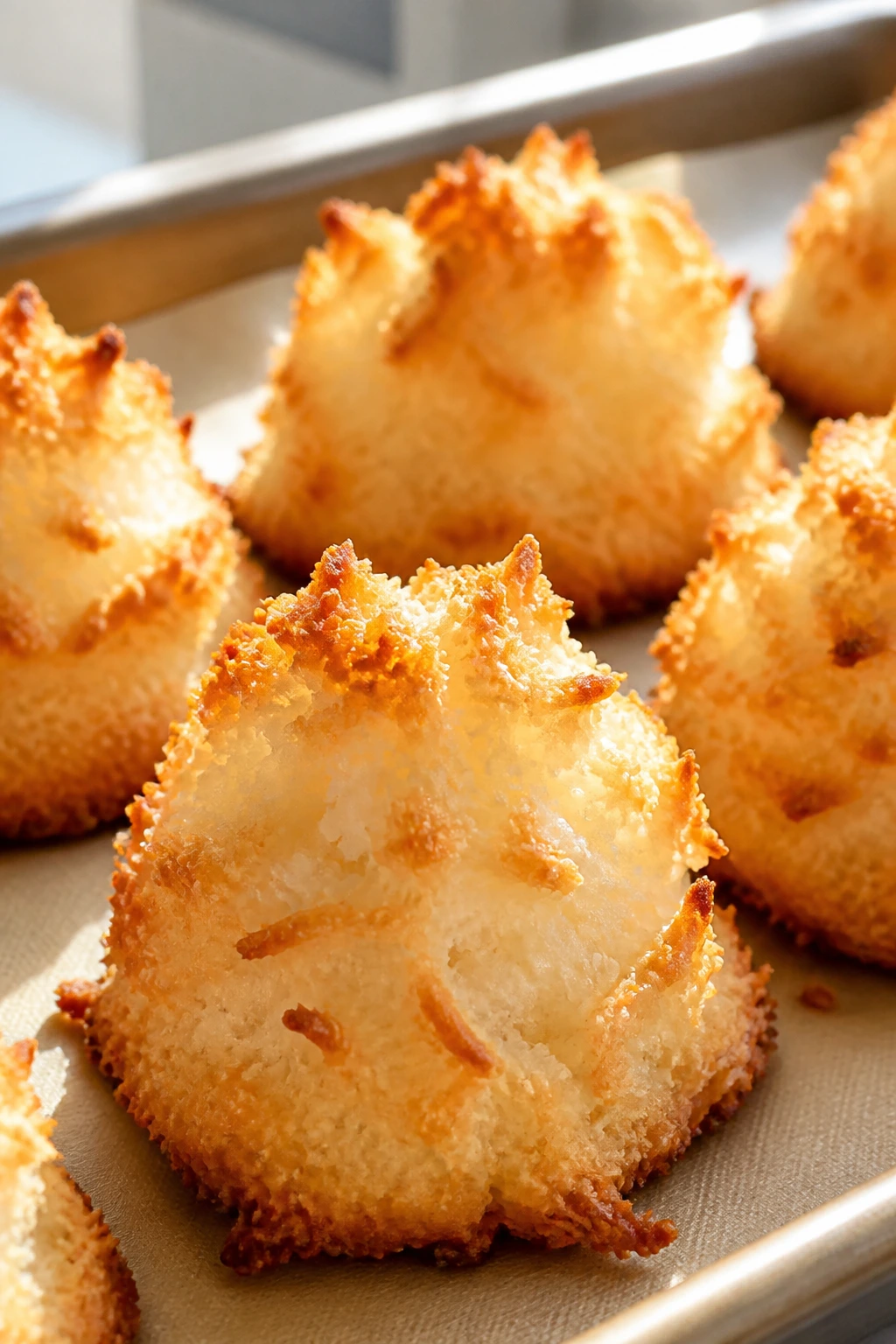 Golden coconut macaroons with crisp edges and chewy centers on parchment.
