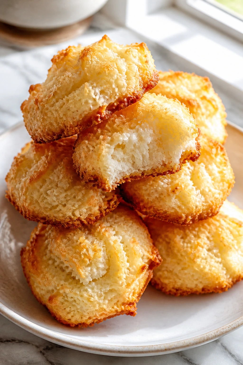 Stack of coconut macaroons on a plate in a sunlit kitchen