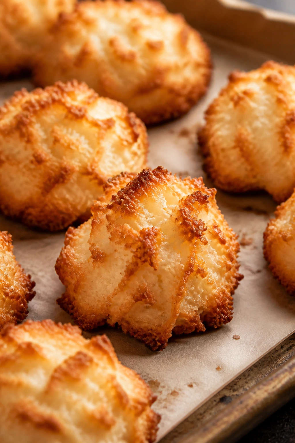 Close-up of coconut macaroons on parchment with warm light