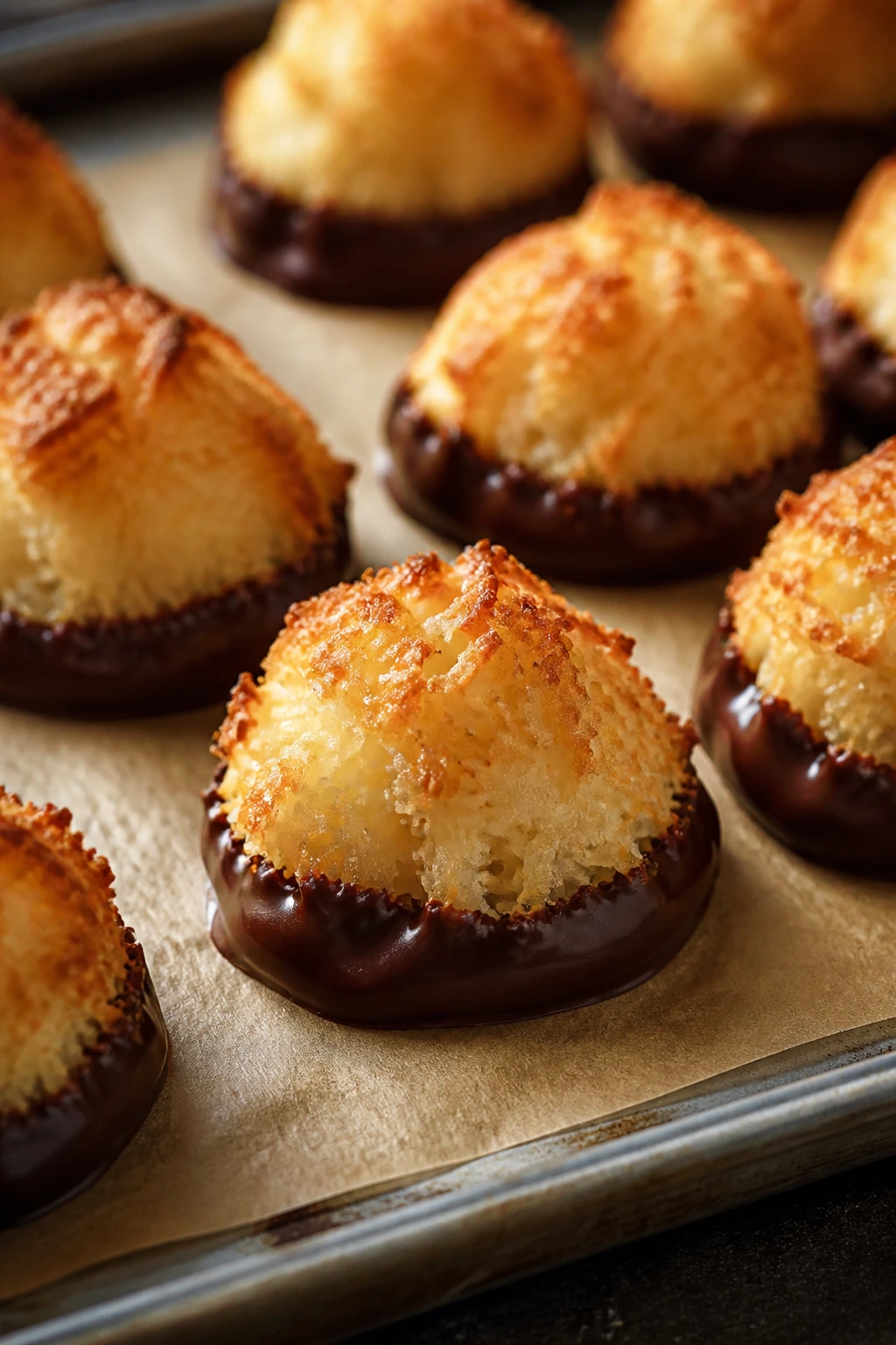 Chewy coconut macaroons with chocolate-dipped bottoms on parchment