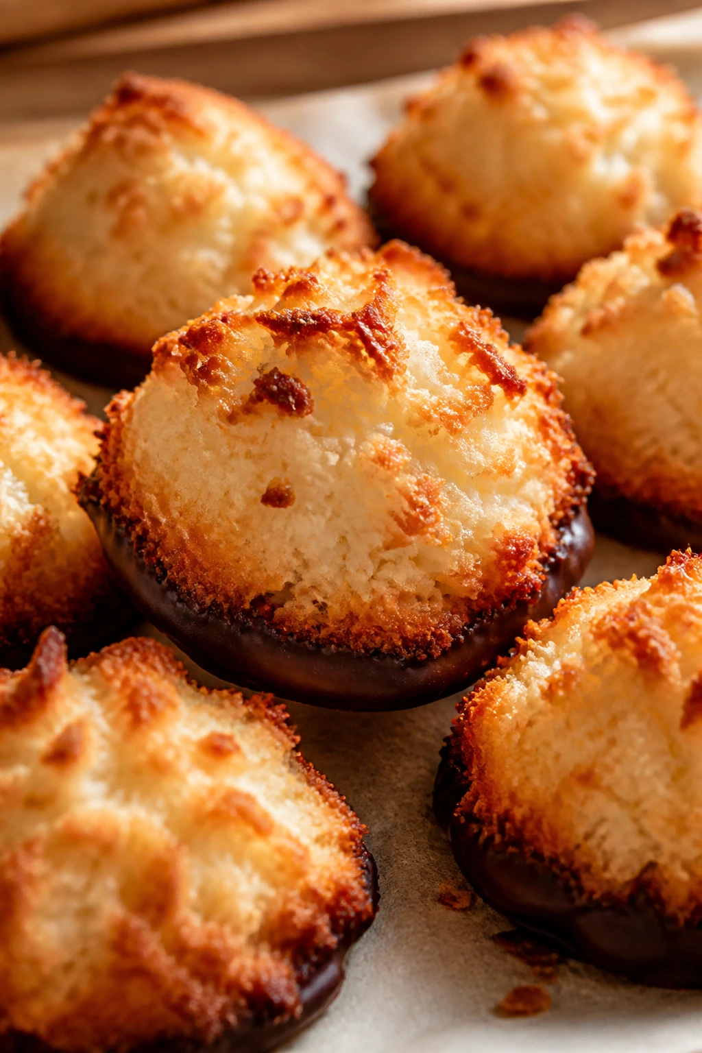 Coconut macaroons with light chocolate dip on parchment