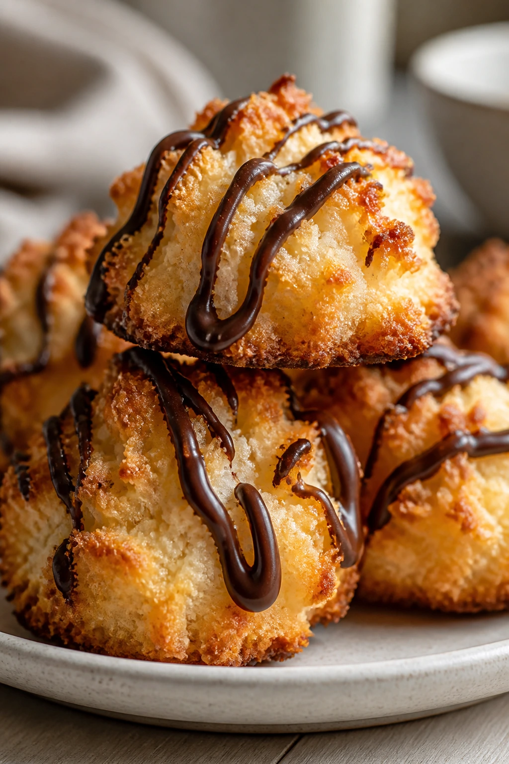 Coconut macaroons with chocolate drizzle on plate