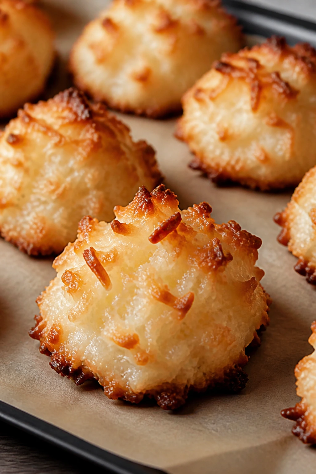 Close-up of toasted coconut macaroons on parchment in a warm kitchen