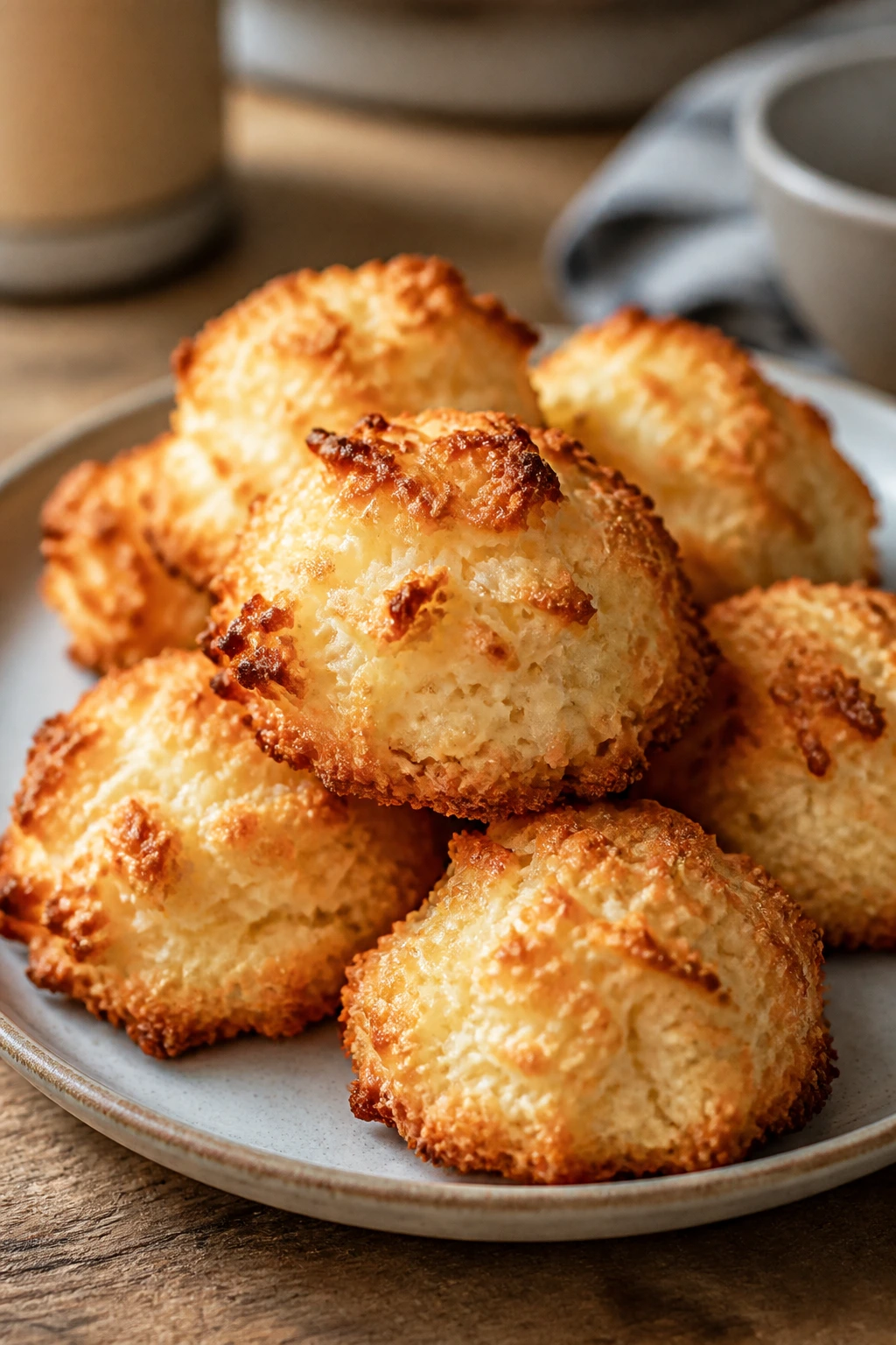 Close-up of coconut macaroons on ceramic plate in warm kitchen light