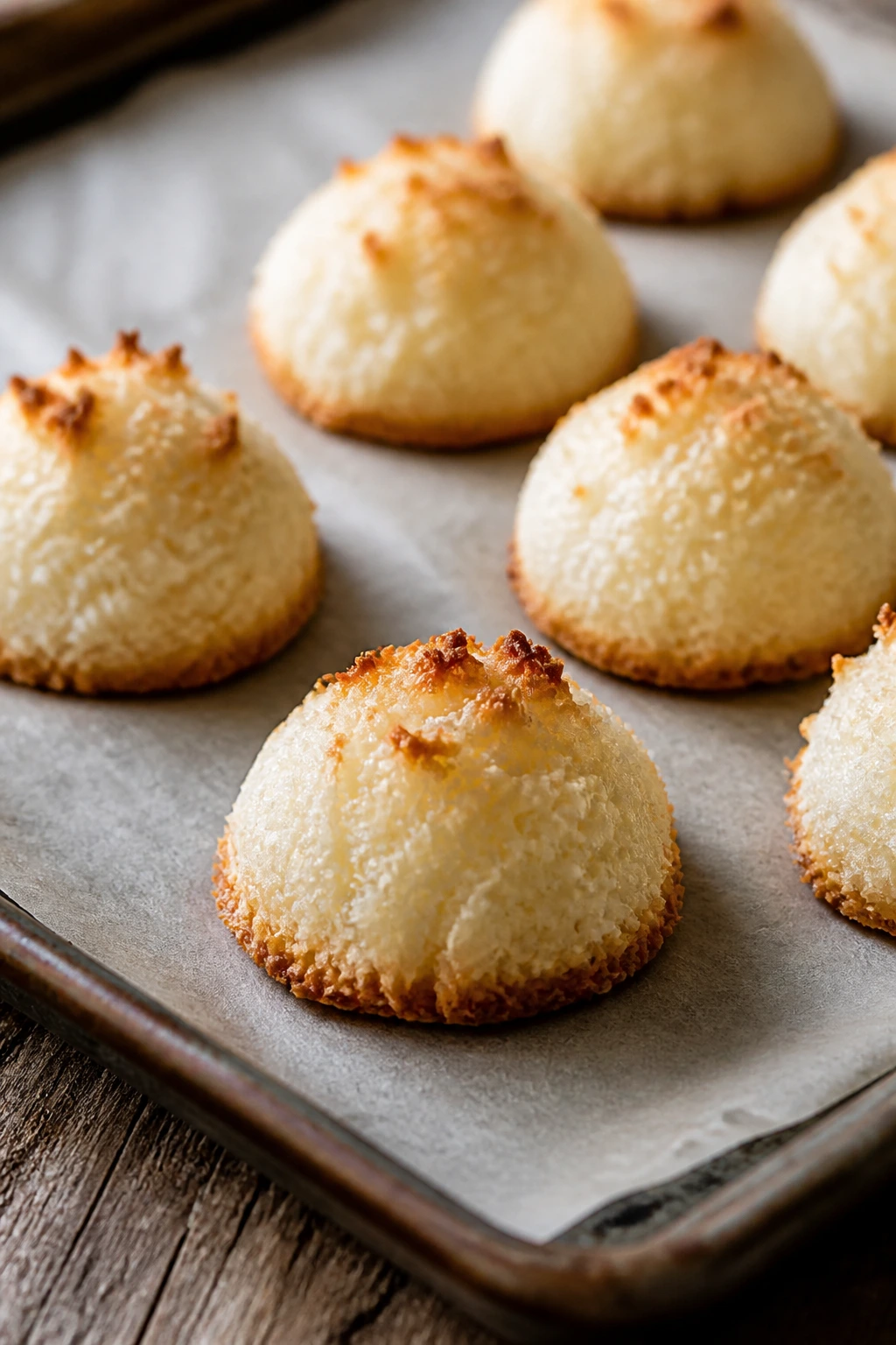 Close-up of coconut macaroon domes on parchment.