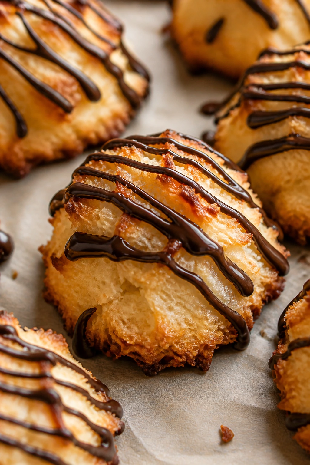 Close-up of coconut macaroons with dark chocolate drizzle on parchment.