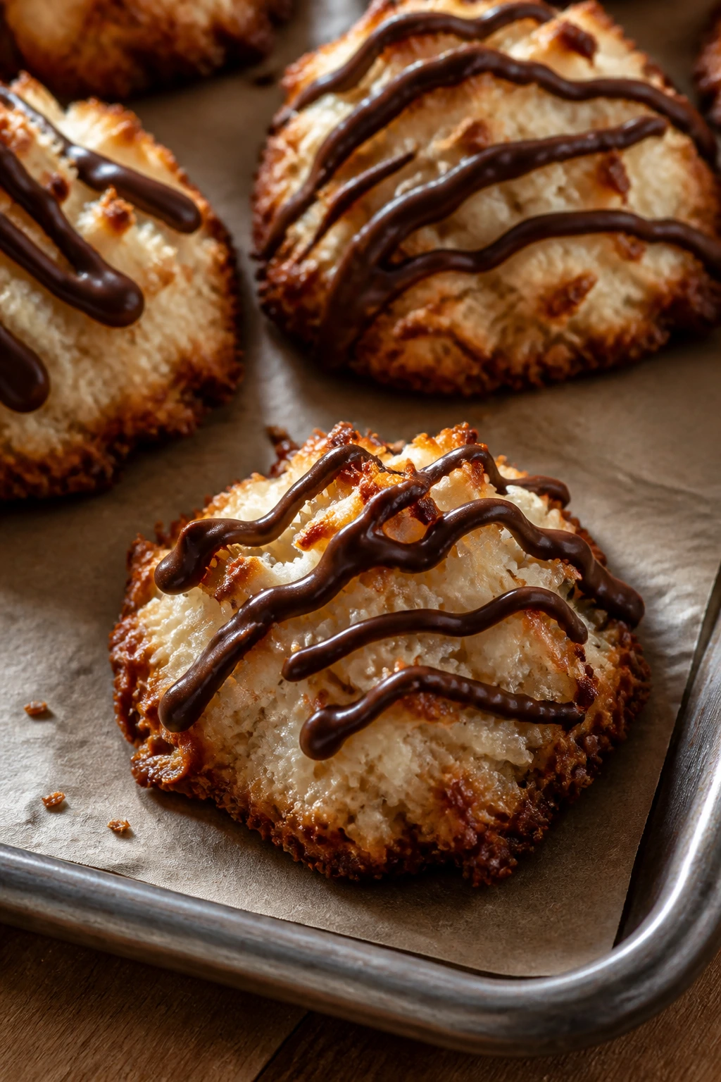 Close-up of coconut Nutella macaroons with drizzle on parchment