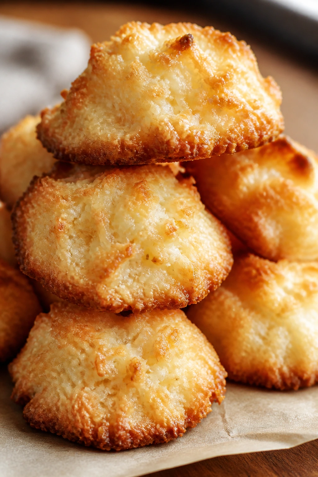 Stack of coconut macaroons on parchment in a sunny kitchen