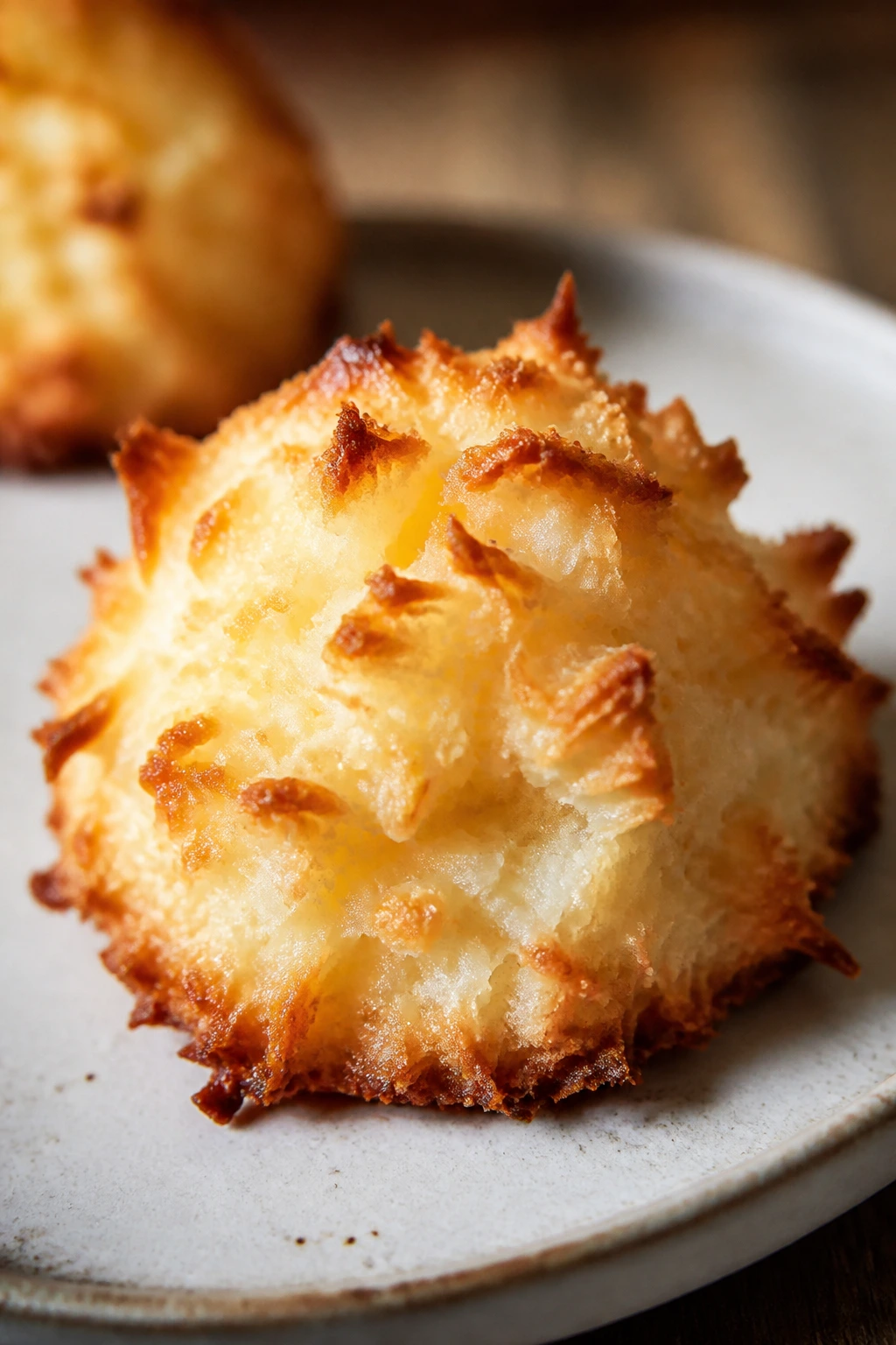 Close-up of coconut macaroon with toasted edges