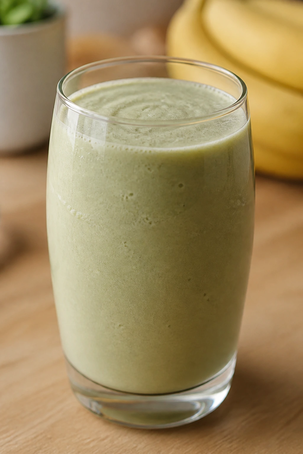 Close-up of Coconut Matcha Banana Smoothie in a glass on a wooden counter