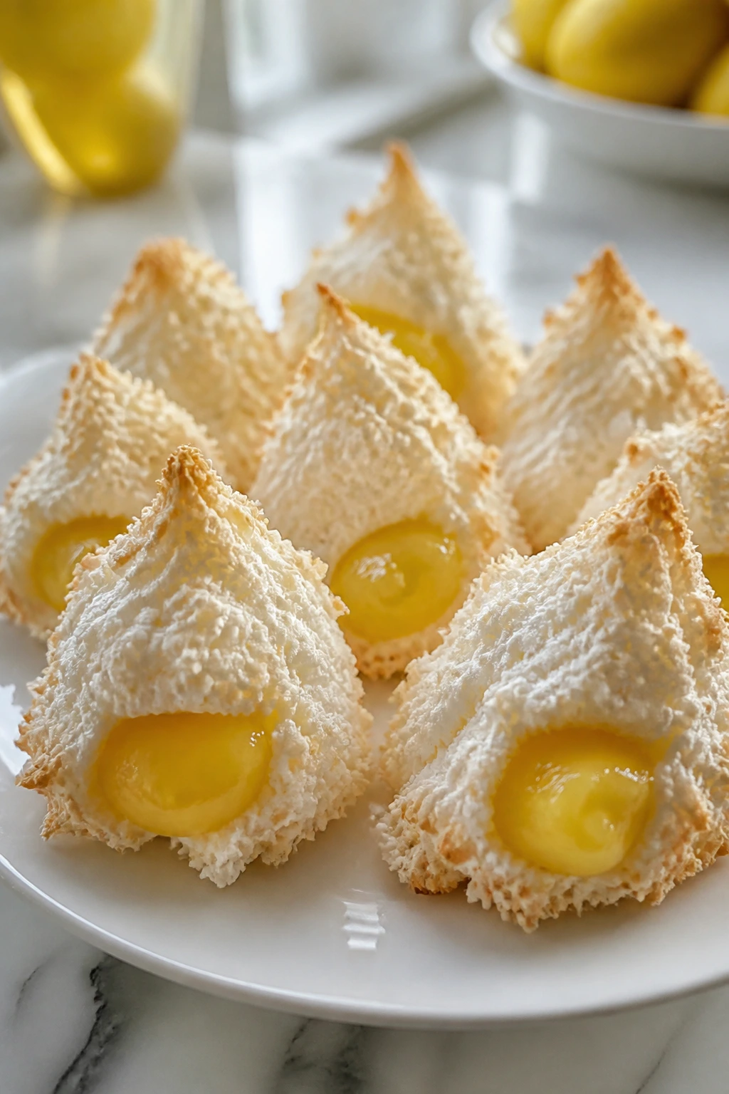 Close-up of coconut meringue kisses with lemon curd on a white plate