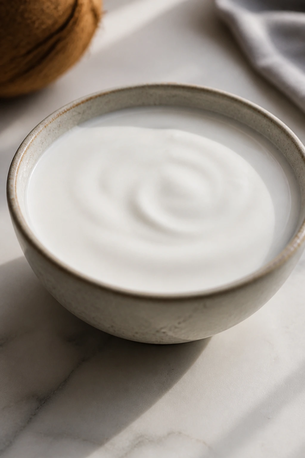 Smooth pool of full-fat coconut milk in a ceramic bowl