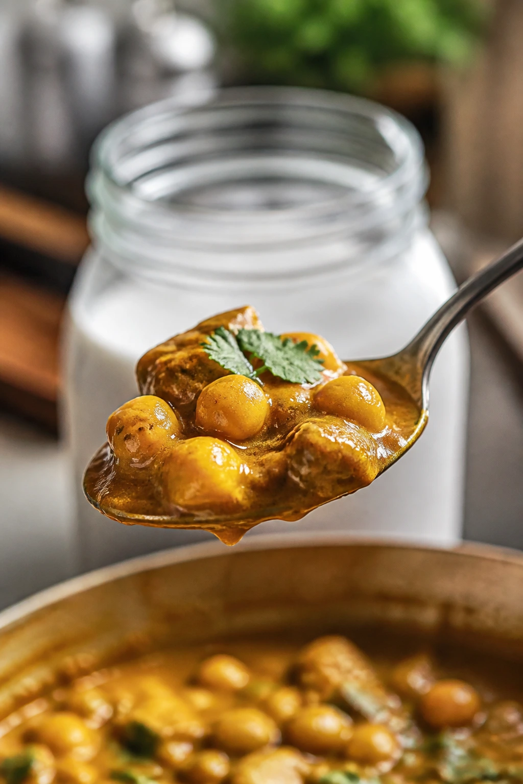 Spoonful of curry with coconut milk in background
