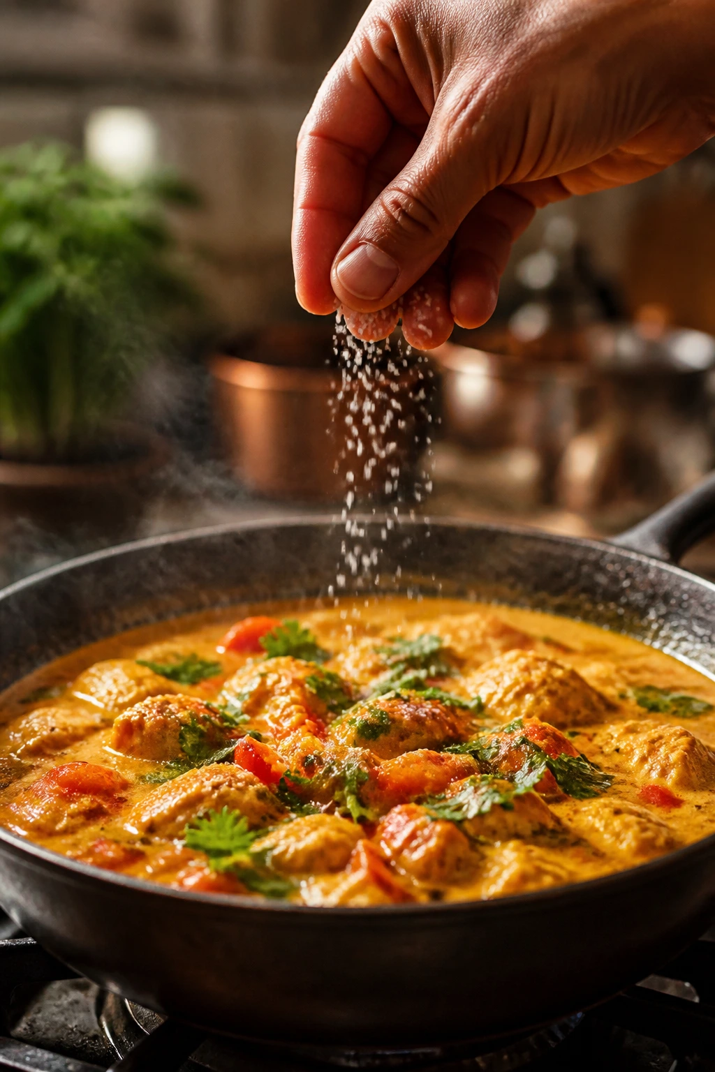 Hand sprinkling salt over simmering curry in a skillet.