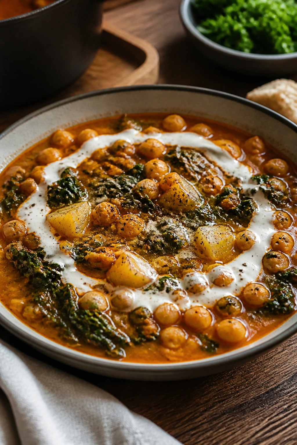 Chickpea stew with a coconut milk variation topping.