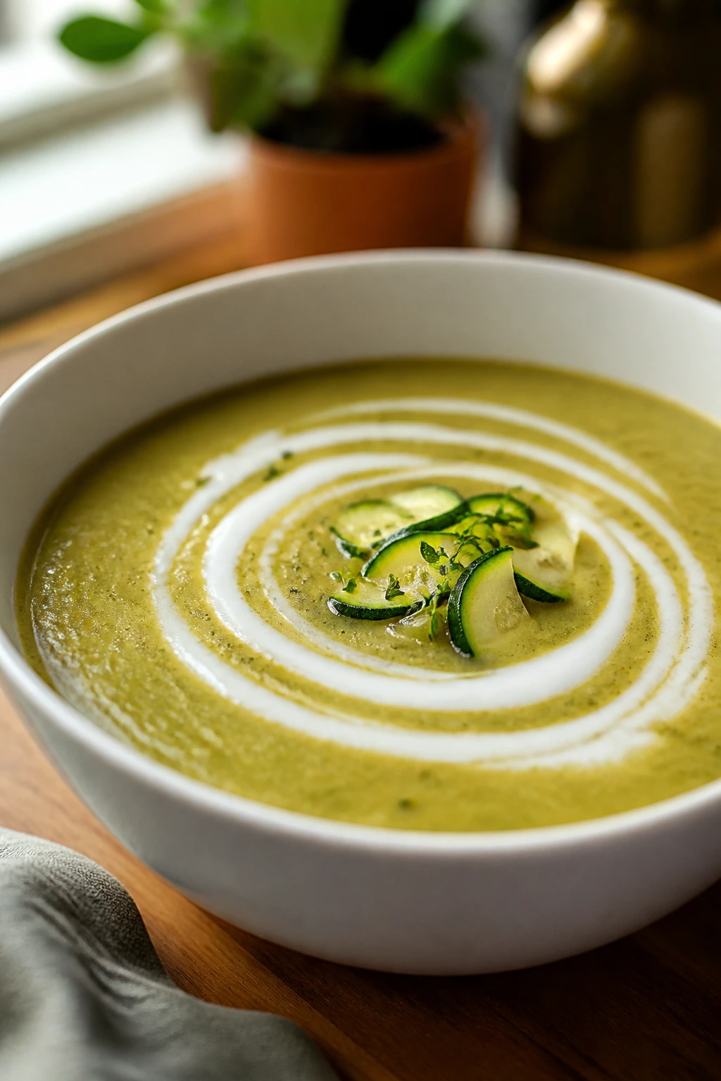 Dairy-free coconut silk zucchini soup in a bowl