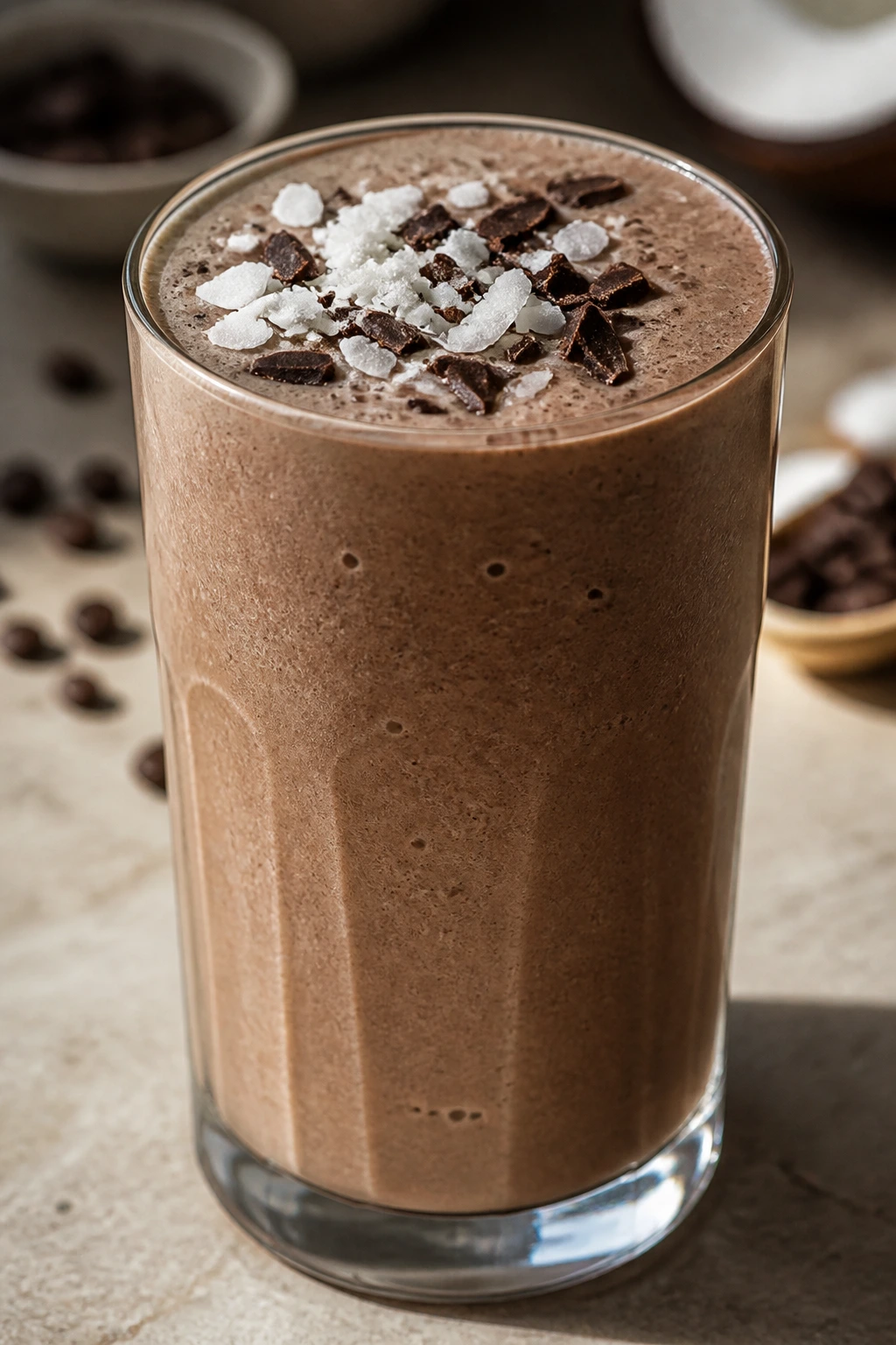 Coconut mocha protein smoothie in a glass on a kitchen counter