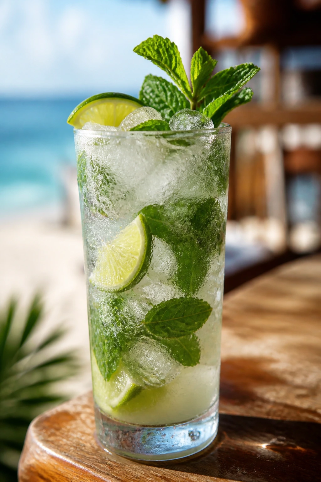 Coconut mojito with mint and lime at a beach cafe