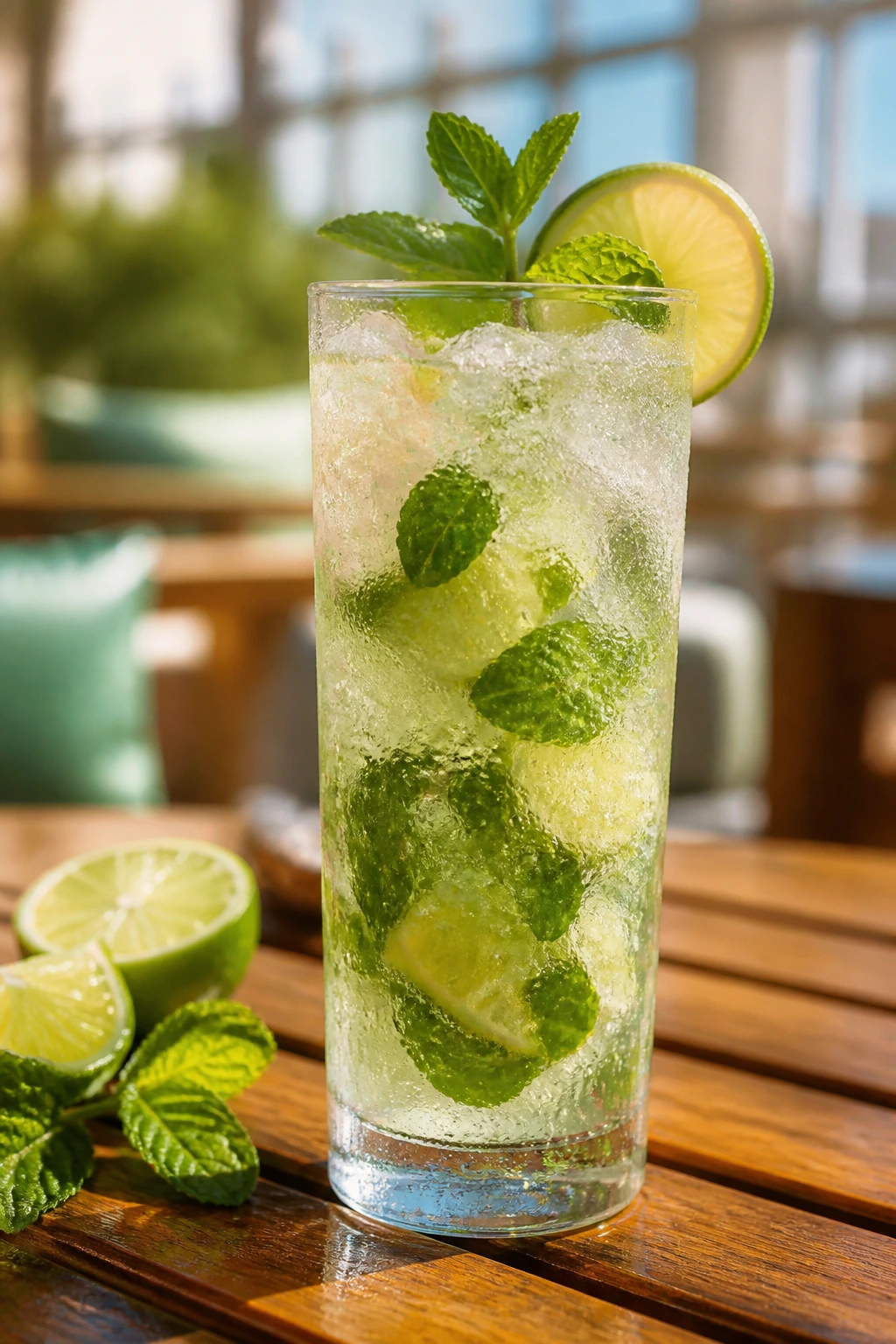 Tall mojito glass with mint and lime garnish in sunny outdoor setting
