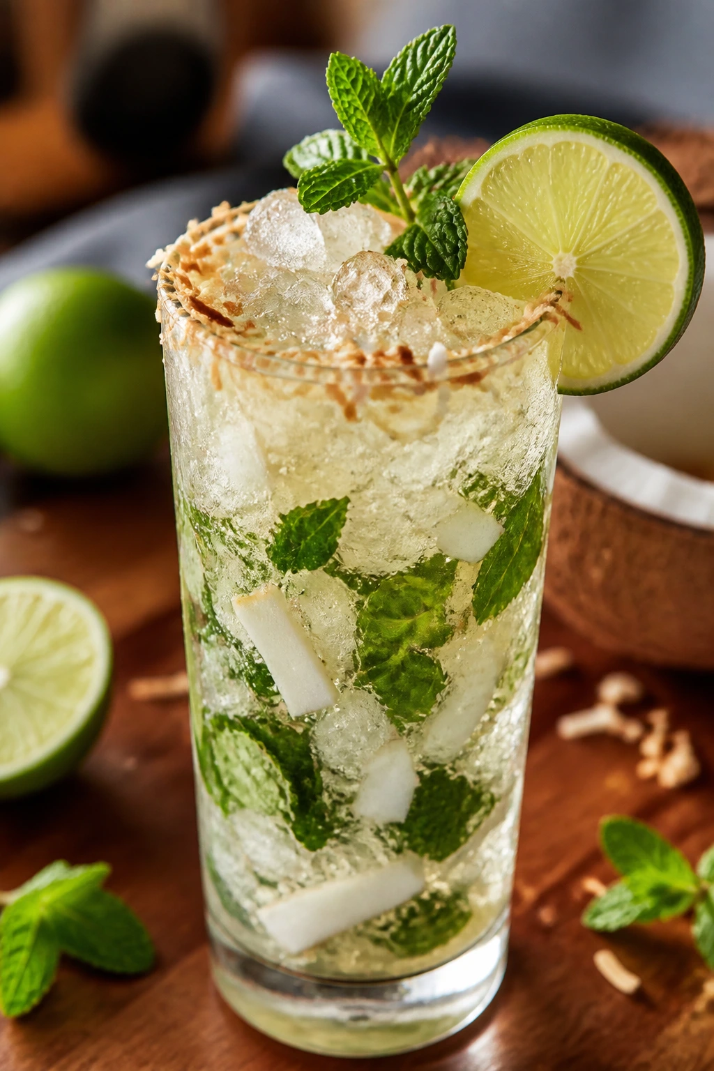Close-up of coconut mojito in a tall glass with mint and lime on wooden counter