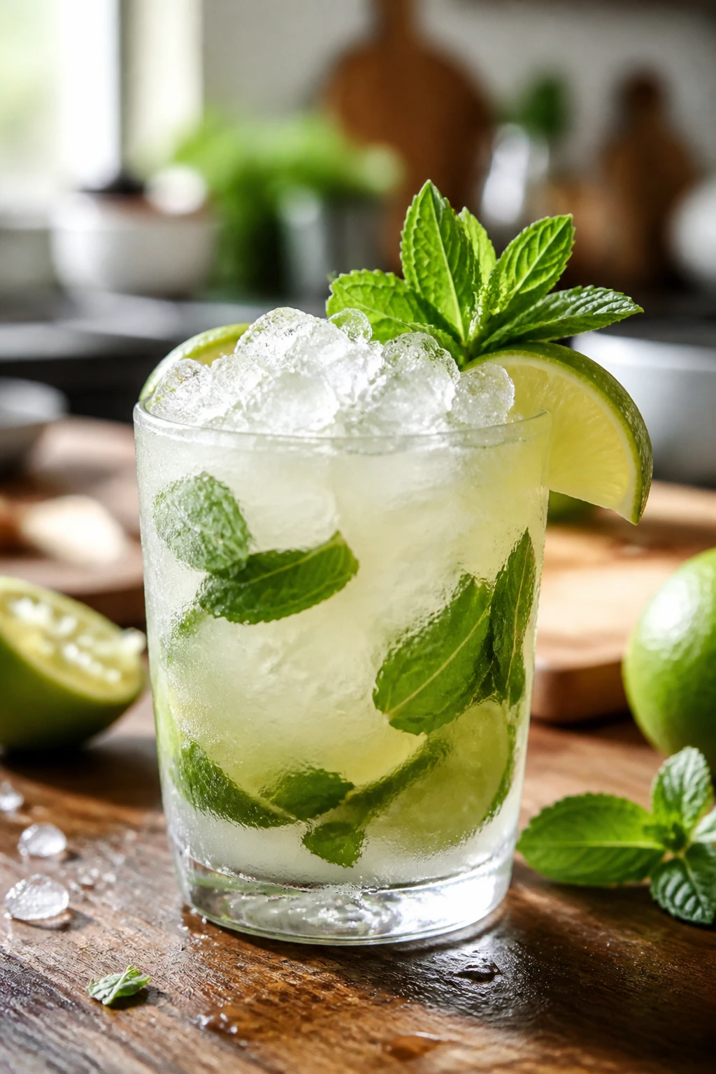 Close-up of a frosty Coconut Mojito with mint and lime on a wooden counter