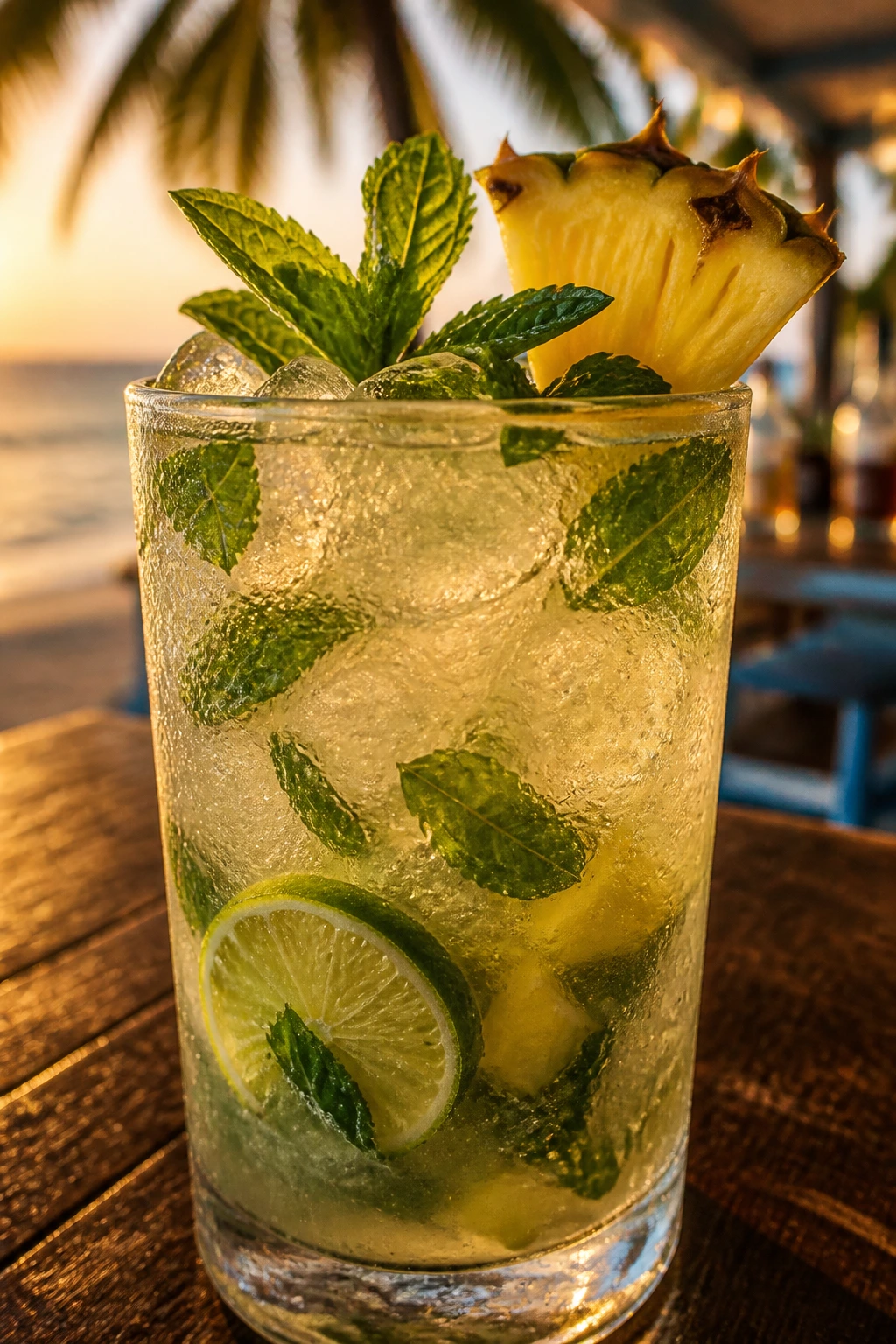 Mojito with coconut twist showing mint and lime in a seaside bar setting
