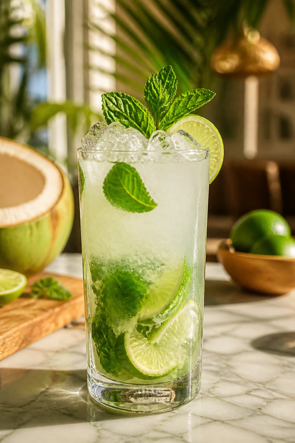 Close-up of Coconut Mojito in a highball glass with mint and lime on a sunlit tropical kitchen