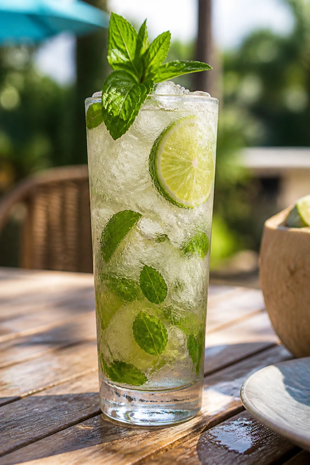 Tall Coconut Mojito with lime wheel and mint on a sunny outdoor table