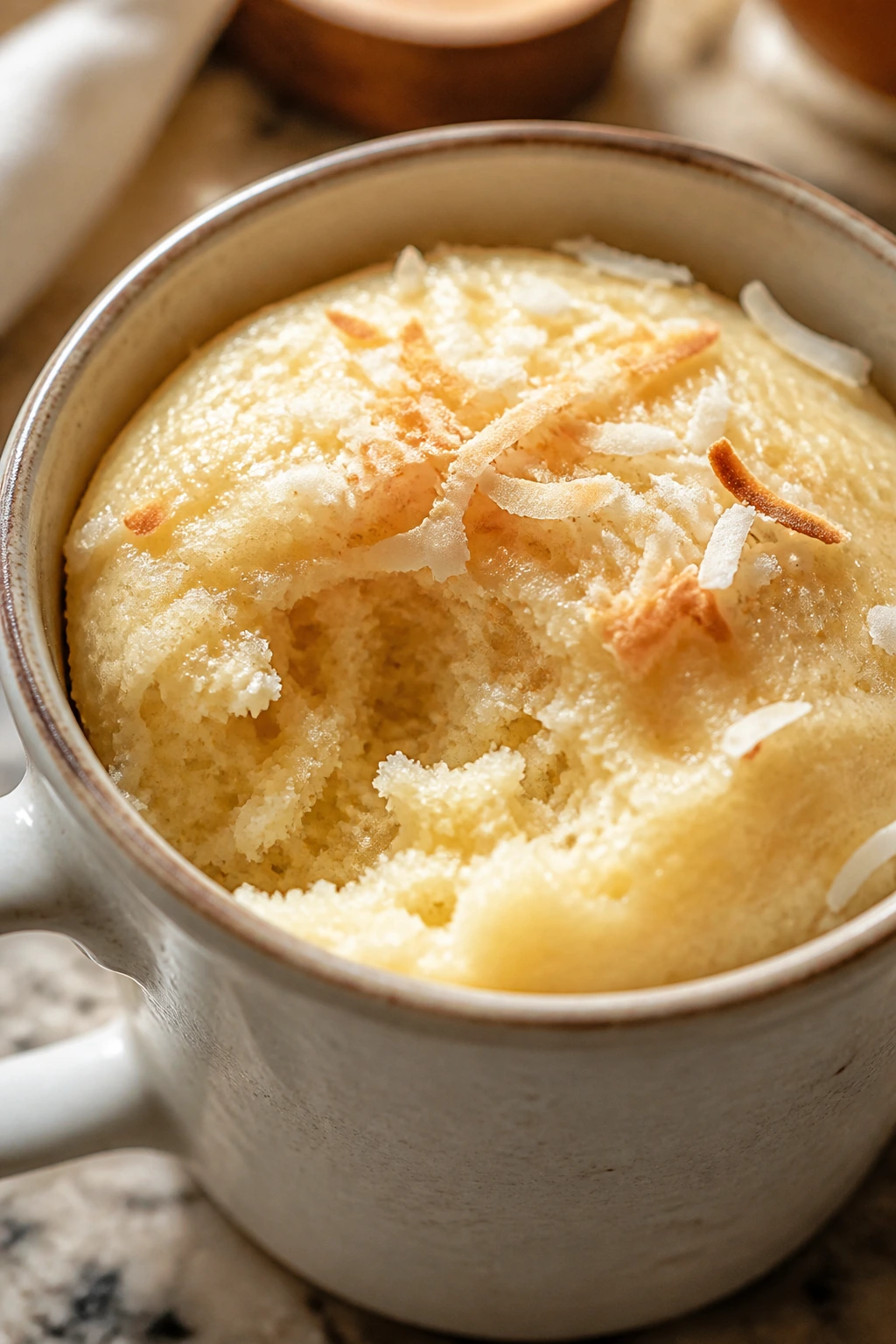 Mug cake in a coconut-flavored mug
